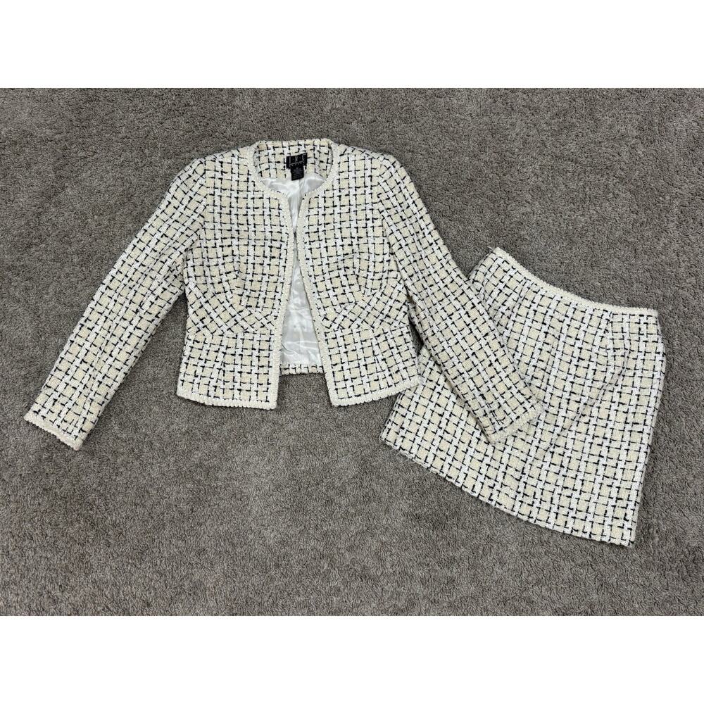 INC International Concepts Tweed Skirt Suit Set Ivory Black Size 2 Petite - Picture 2 of 11